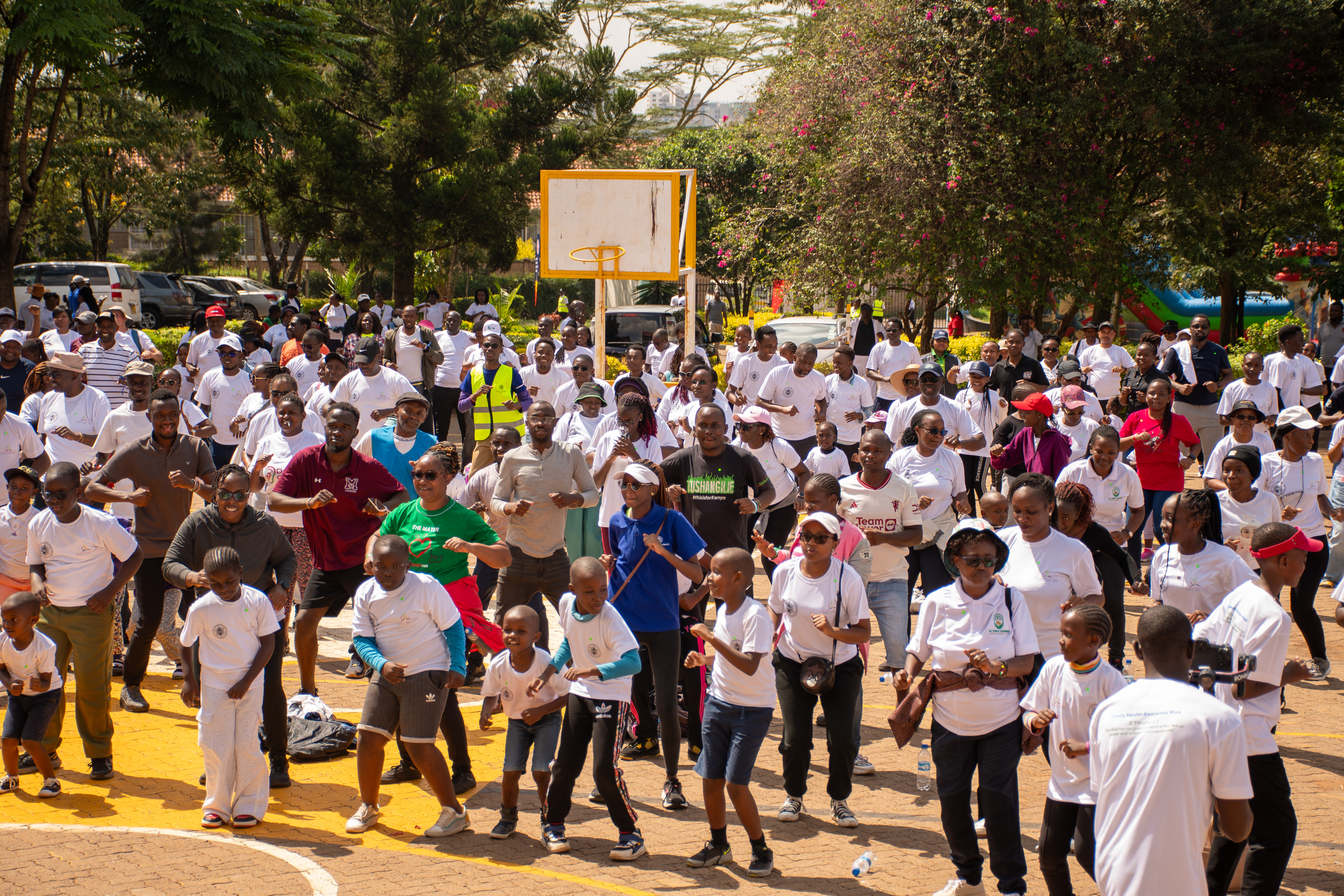 Large group of people participating in an outdoor community exercise event